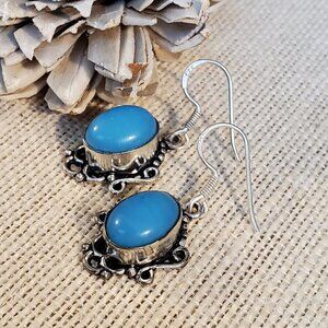 Artisan India Art Nouveau Scrolls Oval Stone 925 Sterling Silver Earrings